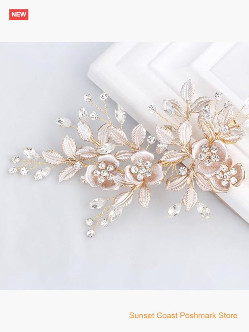 Light Rose Gold Wedding Hair Comb Bridal Rhinestone Barrette Handmade Flower